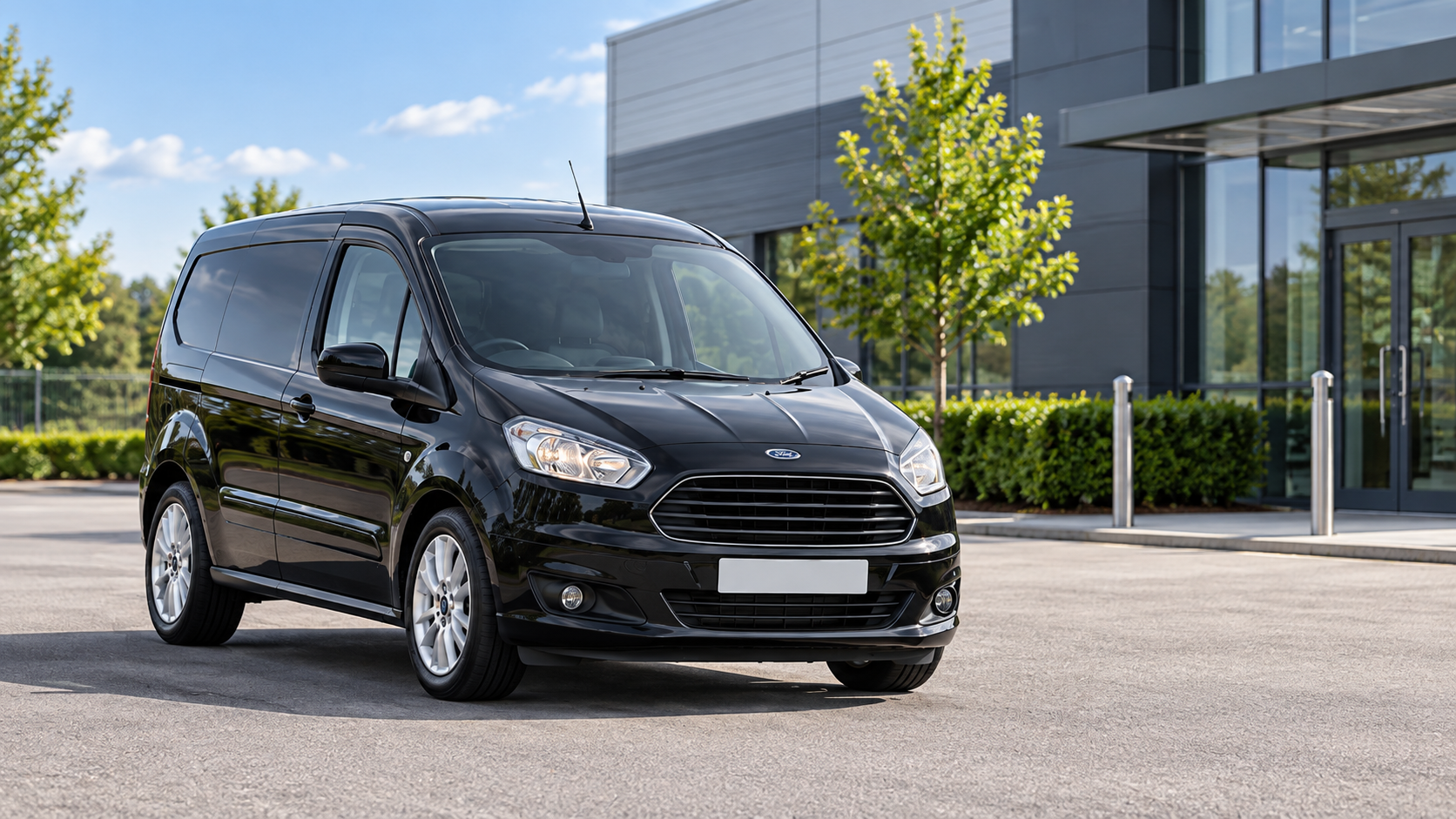 Black Ford Transit Connect van parked in front of a modern office building with glass and gray exterior panels, surrounded by trees and shrubs.