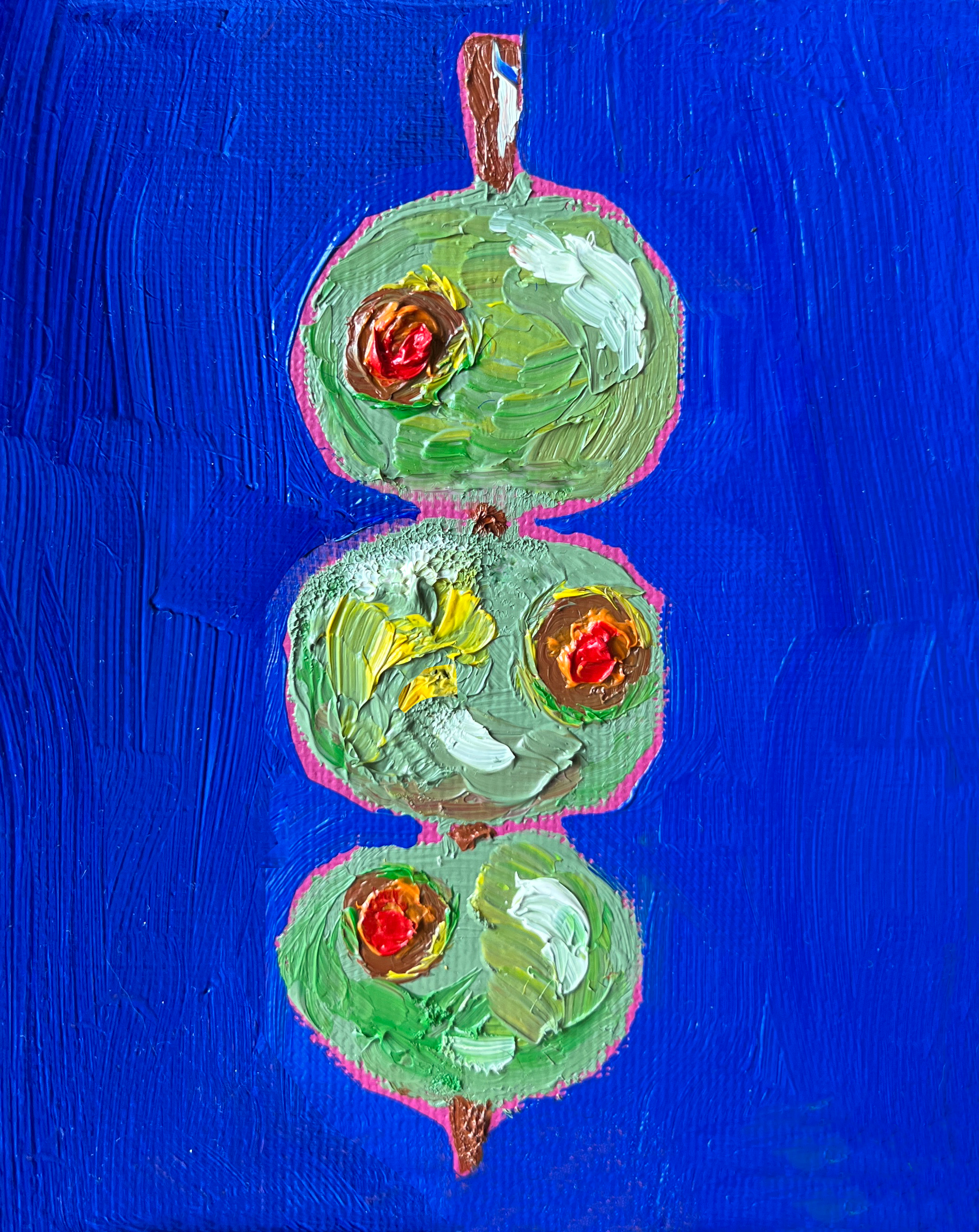 A colorful abstract painting of a vertical, diamond-shaped figure on a blue textured background. The figure has a pink outline with various green, red, yellow, brown, white, and blue brushstrokes inside.