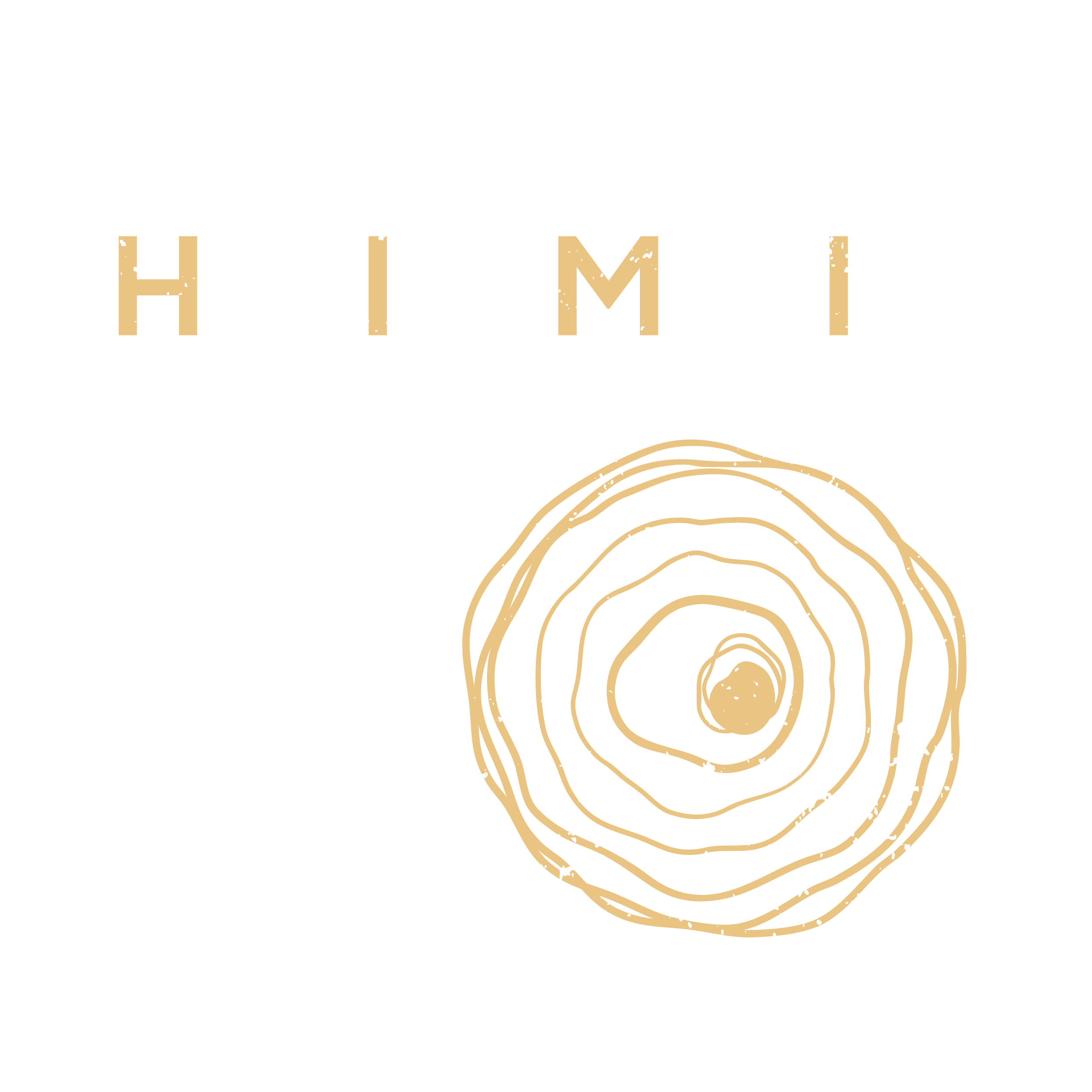 Close-up of a black background with white speckles and beige lines forming a spiral pattern. The word 'H I M I' is written in beige capital letters across the center.