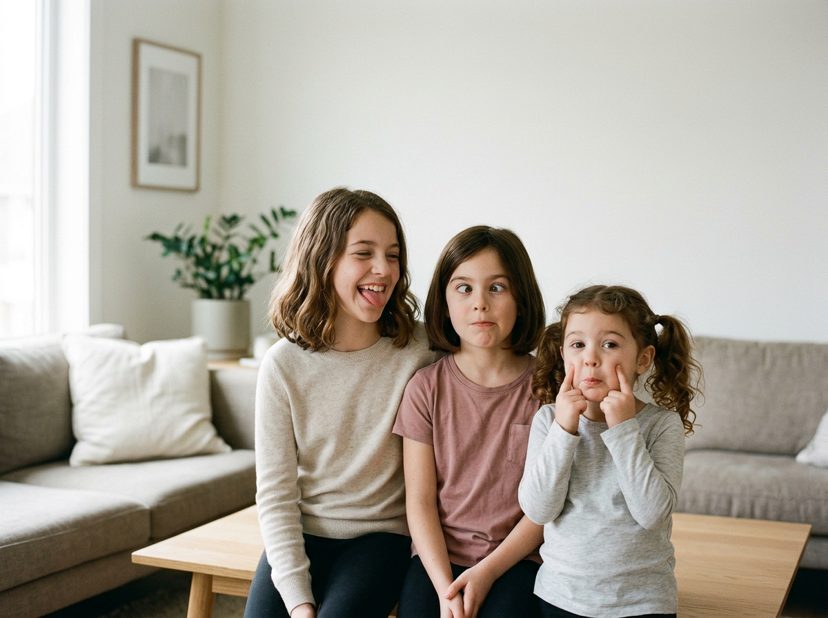 Three young girls sitting on a wooden coffee table in a living room, making funny faces and smiling.