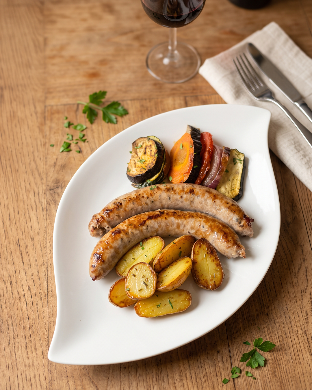 Assiette avec des saucisses, des pommes de terre rôties, et des légumes grillés, avec un verre de vin rouge en arrière-plan.