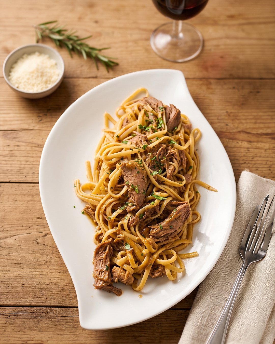 Plat de pâtes aux morceaux de viande, garnies de persil haché, sur une assiette blanche sur une table en bois.
