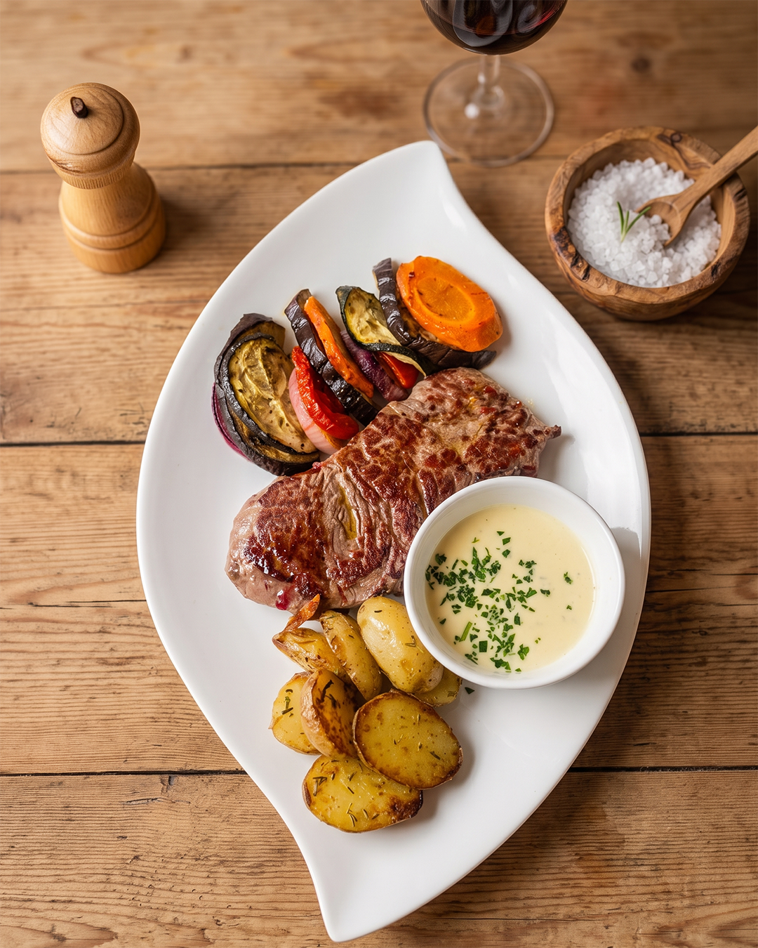 Correspondance de texte, étant donné que je ne peux pas analyser l'image: Assiette avec viande, légumes grillés, pommes de terre, sauce, verre de vin rouge, sel, poivre et sel dans un bol en bois, sur une table en bois.