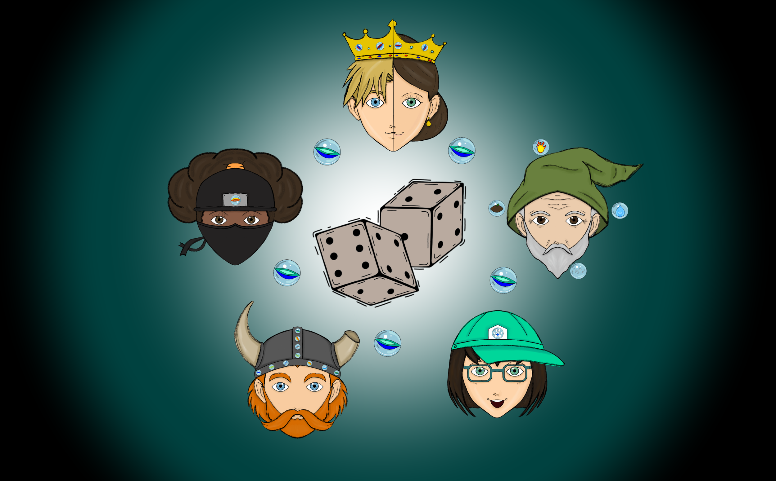 Illustration de plusieurs personnages avec des caractéristiques fantastiques et une tête humaine centrale, entourés de dés à jouer, d'icônes d'eau, de feu et d'autres éléments, évoquant un univers de jeux ou d'aventures.