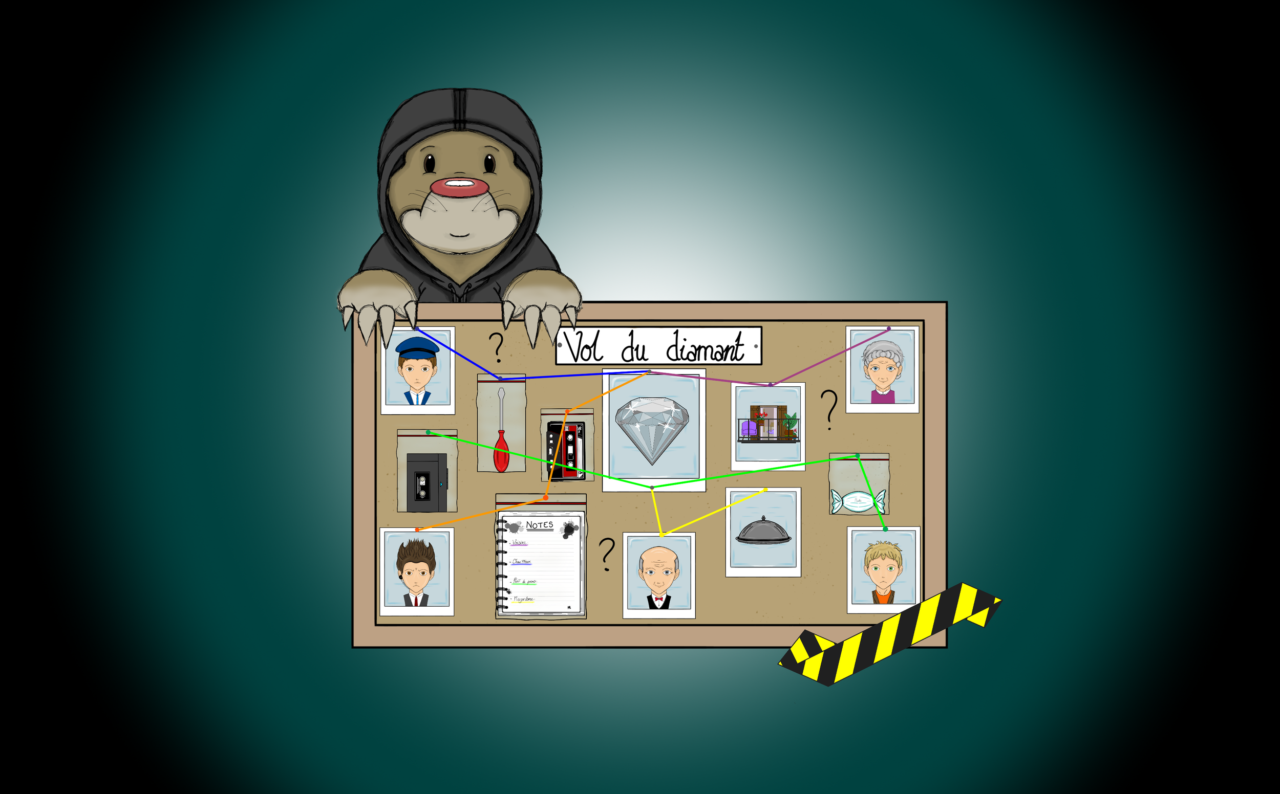 Un personnage de dessin animé ressemblant à un animal masqué en hoodie noir, observant un tableau avec des portraits d'enfants et de personnes âgées, et plusieurs éléments mystérieux, parmi lesquels un diamant, une poisson, un ordinateur portable, une note, une lampe, sous un fond sombre.