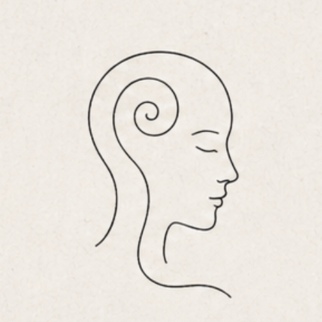 Line drawing of a woman's profile with a spiral in her hair, closed eyes, and serene expression.