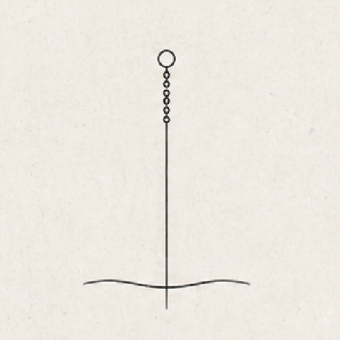 A minimalist black line drawing of a fishing rod with a bobber and several circles representing fishing line, above wavy water.