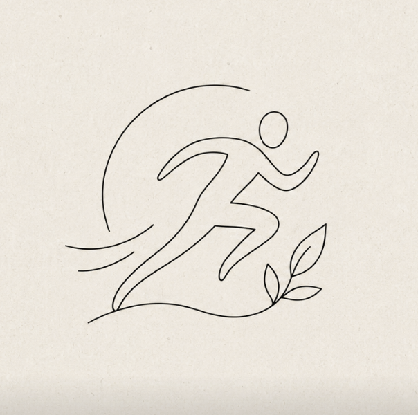 Simple line drawing of a person running with a leaf, motion lines, and a curved line behind them.