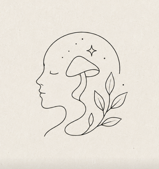 Minimalist line drawing of a woman's face in profile with closed eyes, a mushroom and plant growing from her head, and a star and dots surrounding her head.