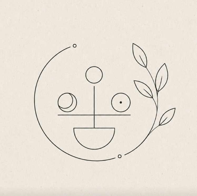 Minimalist line drawing of a smiling face with circular eyes, a nose, and a smiling mouth, accompanied by a branch with leaves on the right side.