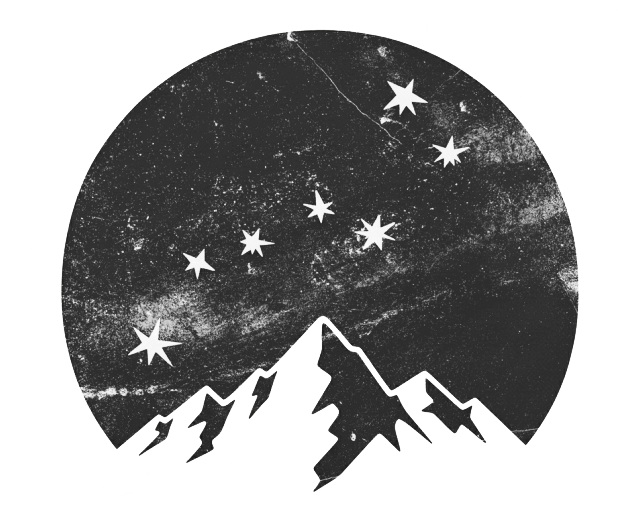 A black and white graphic of a mountain range with a starry sky, featuring seven stars arranged in a pattern resembling the Big Dipper constellation.