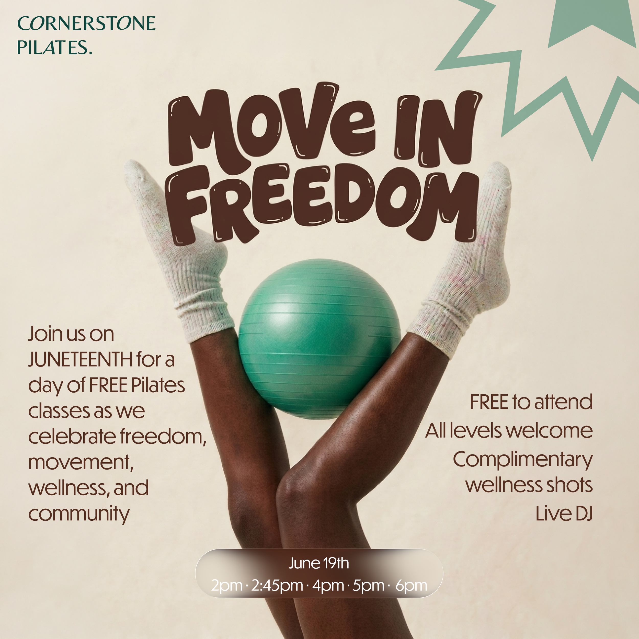 Promotional poster for free Pilates classes on June 19th from 2 pm to 6 pm, featuring a person holding a green exercise ball with hands wearing white patterned gloves, and the text 'Move in Freedom' in large brown letters, surrounded by decorative te