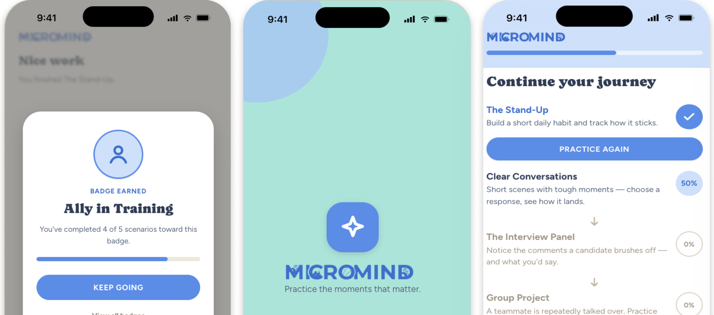 Screenshots of a mobile app named Micromind, showing a badge achievement for 'Ally in Training,' a practice exercise with a blue star icon, and a progress page with completion percentages for different activities and options to continue or practice.