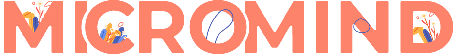 Close-up of the word 'MICROMIND' with floral illustrations in the letters