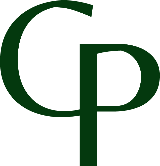 Large dark green logo with overlapping letters 'G' and 'P' on a black background.