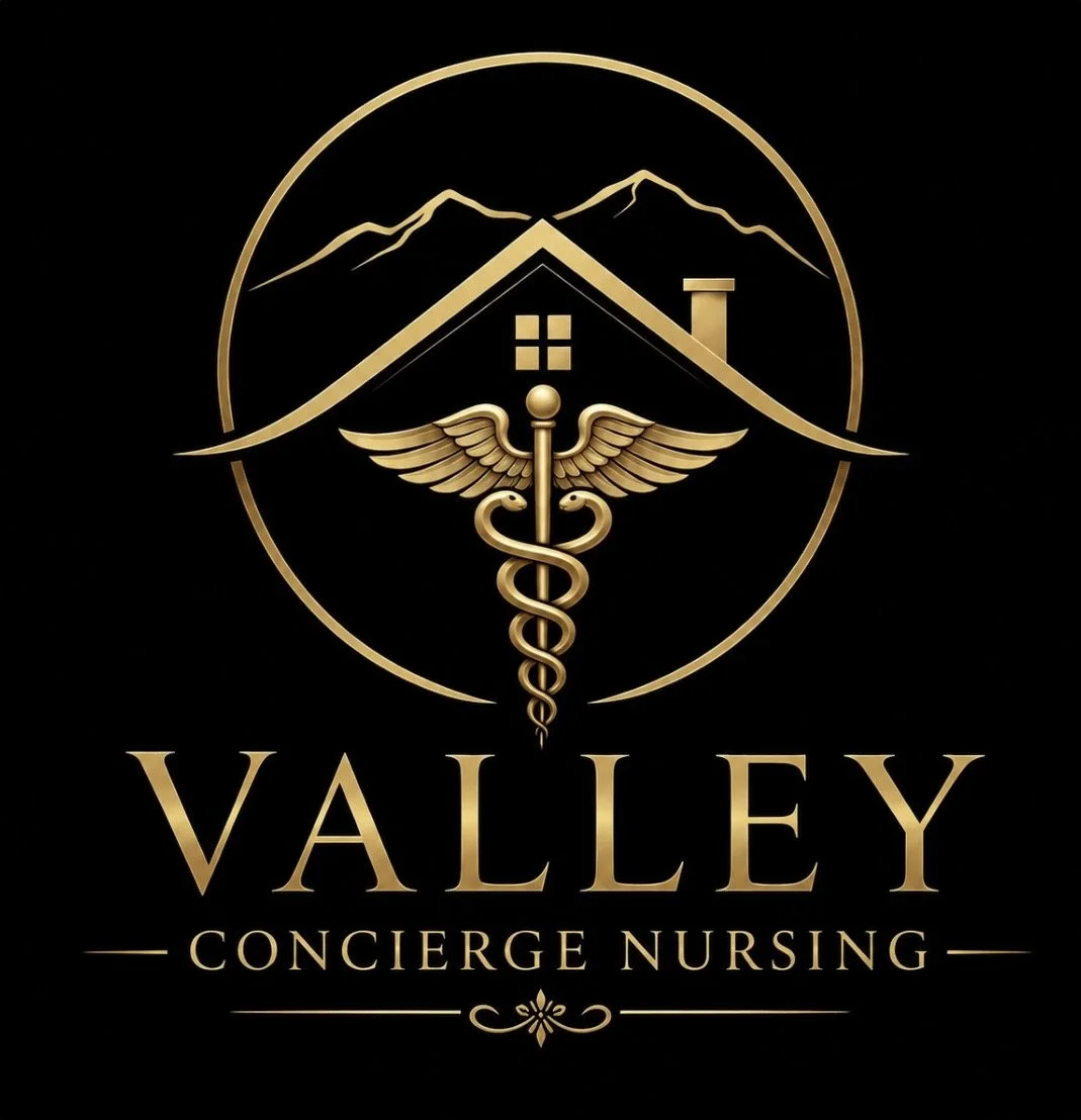 A gold-colored logo featuring a house with mountains in the background, a medical caduceus symbol with wings in front, and the text "Valley Concierge Nursing" underneath on a black background.