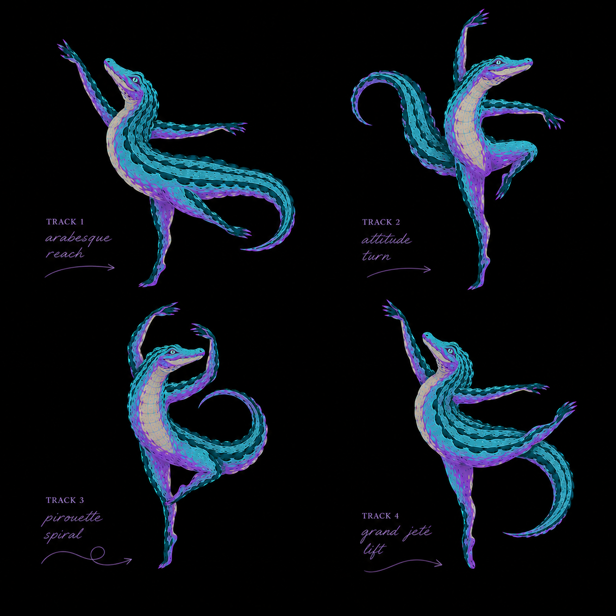 Ballet alligators in vibrant poses.png