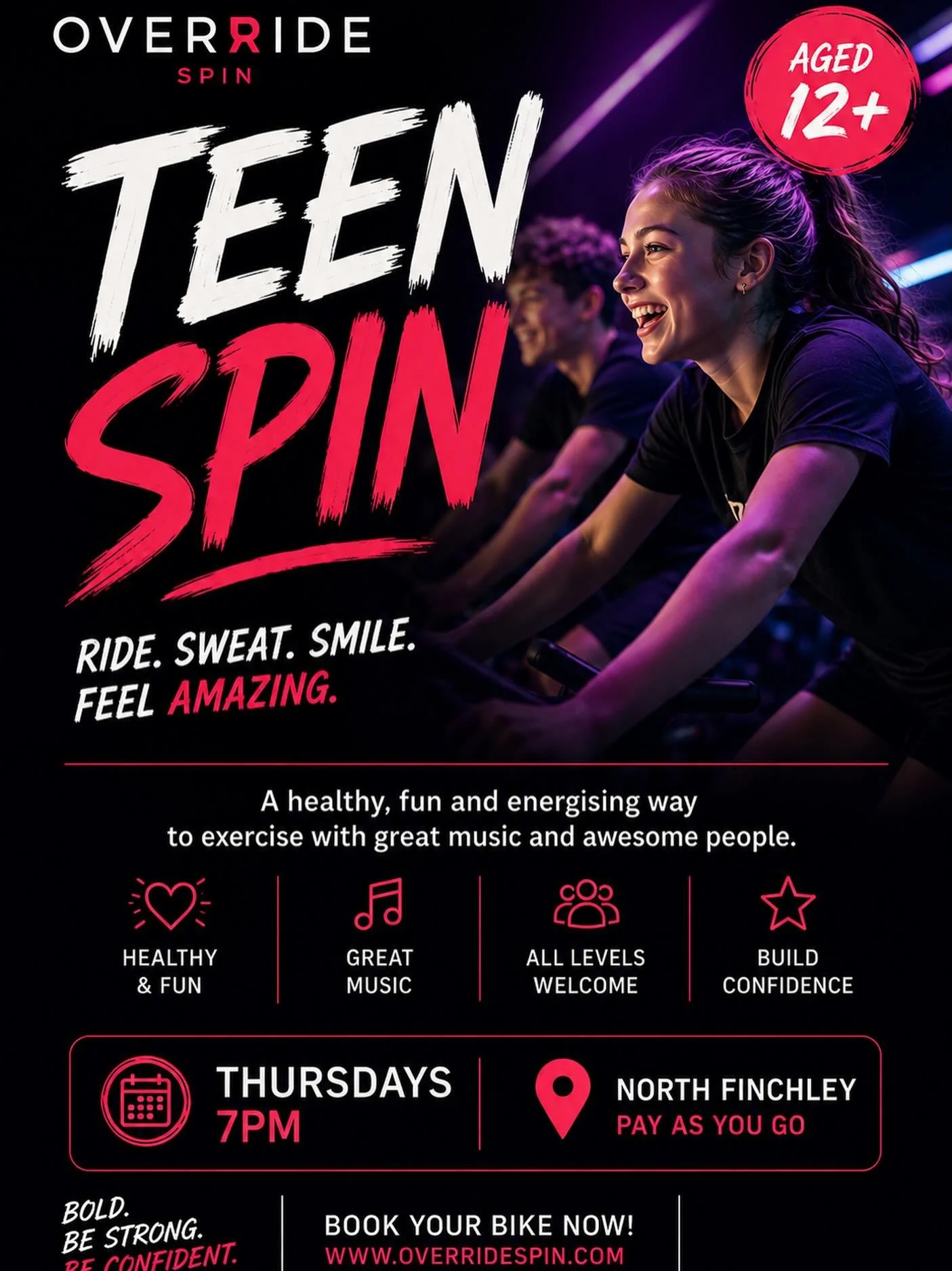 Thursday nights are for teens to exercise in  the most fun way !!!!! Teen spin is back - Thursdays - 7pm aged 12 plus.  Pay as you go.  Www.overridespin.com #teen #teenexercise #healthyteen