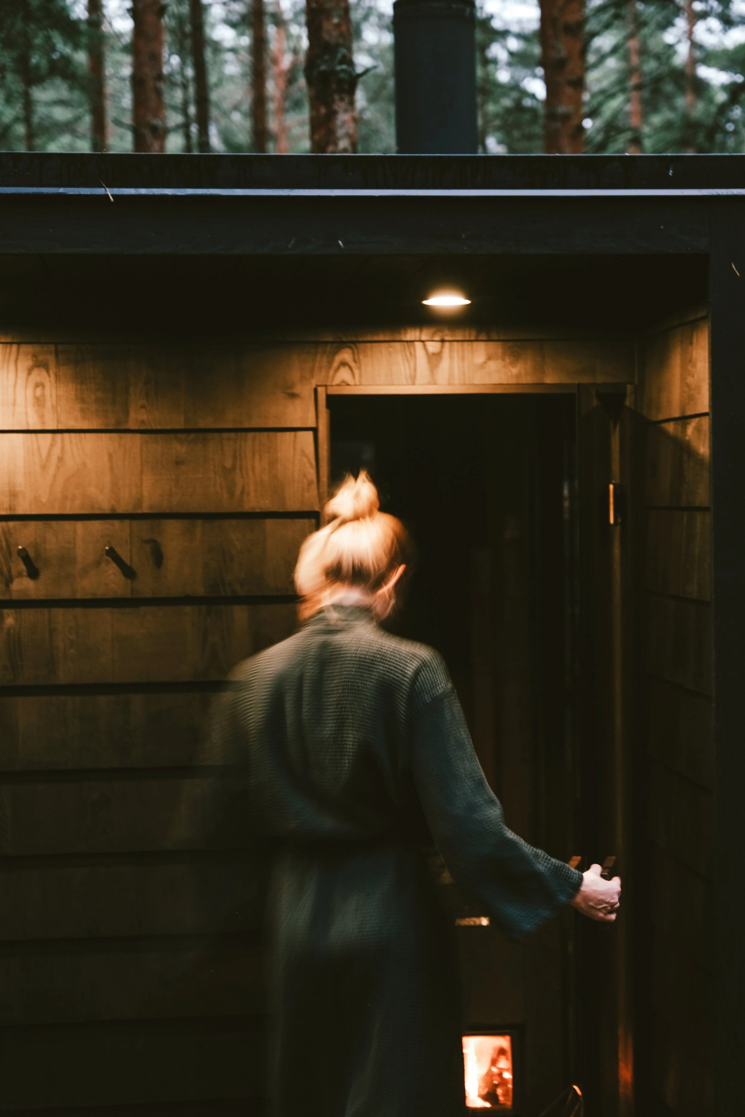 A person with blonde hair in a bun and wearing a gray checkered coat is walking into a dark wooden cabin in a forest, illuminated by an indoor light. Tall trees are seen outside.