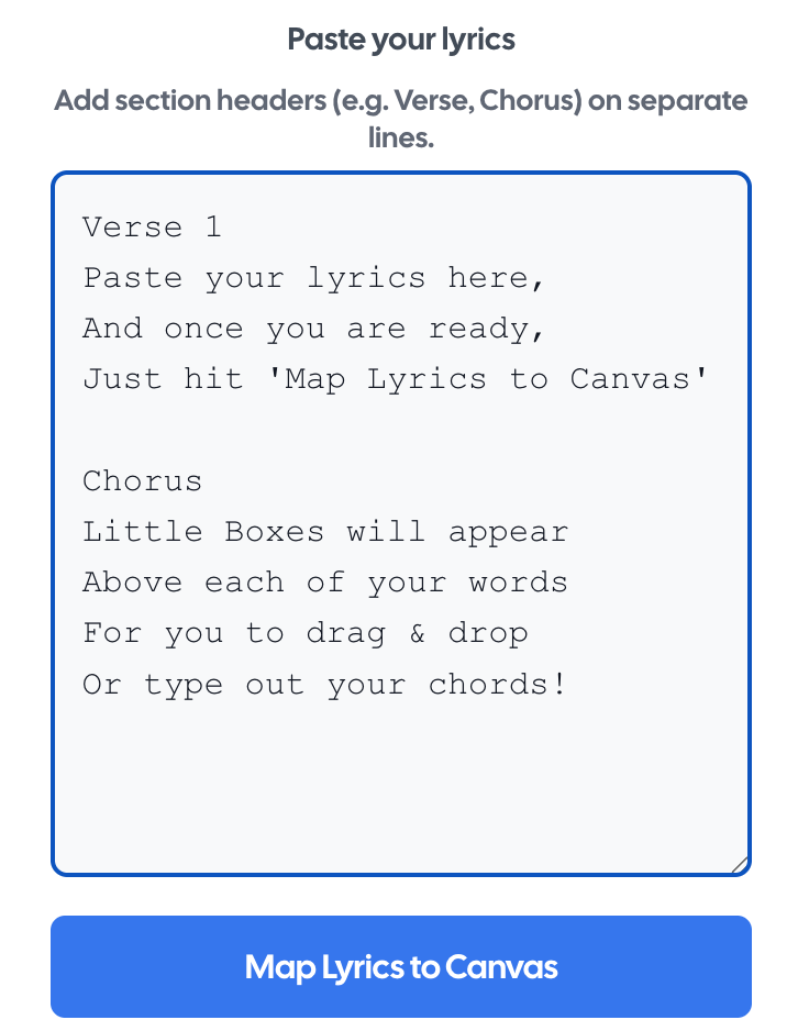 Screen displaying a lyrics mapping tool with instructions to paste lyrics, add section headers, and click a button labeled 'Map Lyrics to Canvas' for arranging lyrics by drag and drop.