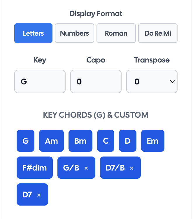 Music chord chart with G as key, capo on 0, transposed 0, and various chords including G, Am, Bm, C, D, Em, F#dim, G/B, D7/B, and D7.