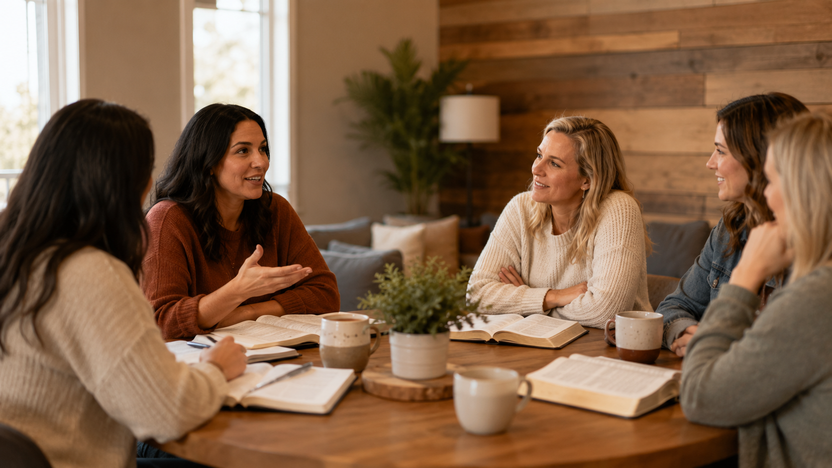 A group of six women sitting around a wooden table, engaged in a discussion. They have open books, notebooks, and cups on the table, in a cozy room with a wooden wall and natural light coming through windows.