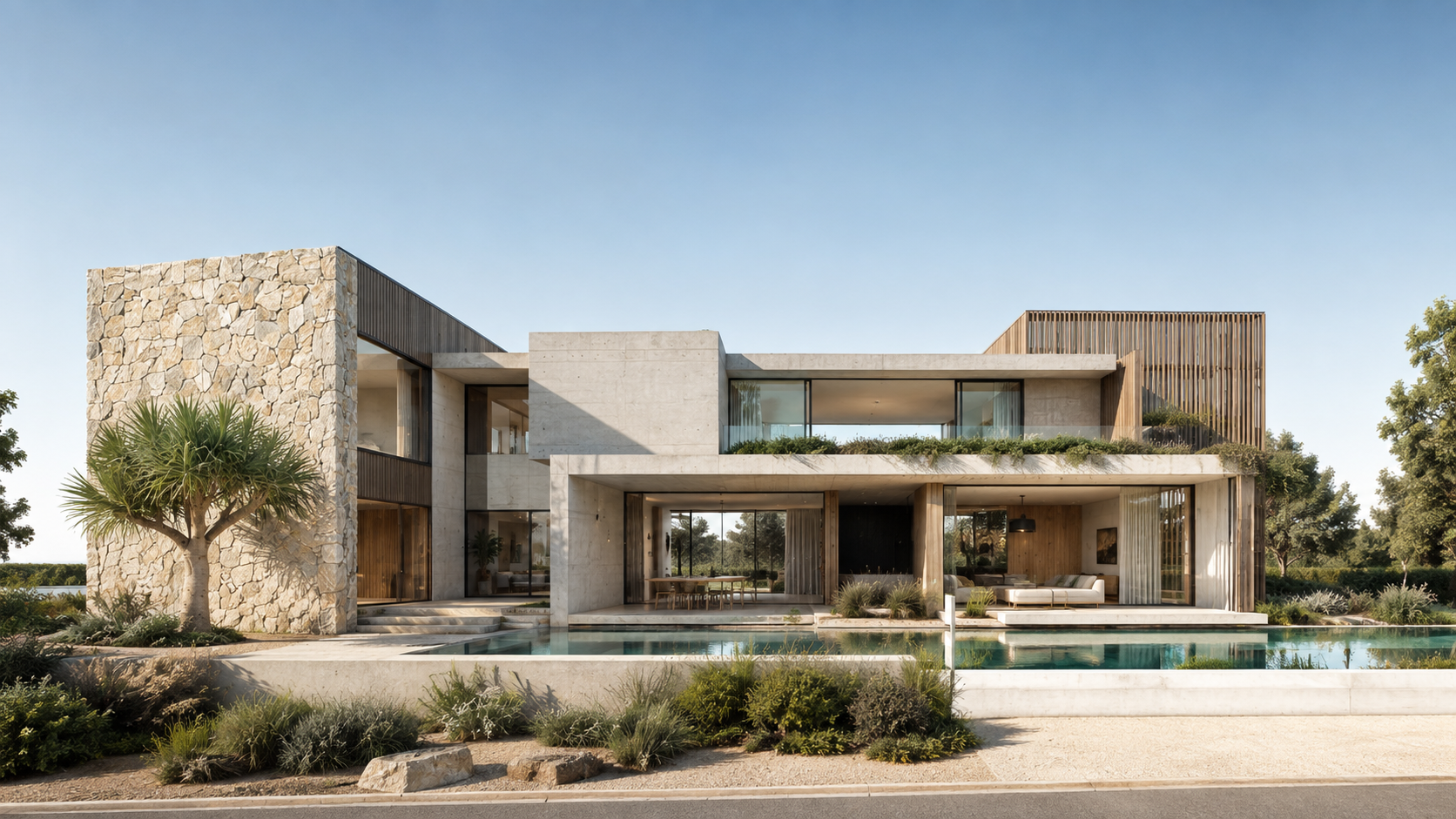 Modern multi-level house with concrete, wood, and stone exterior, large glass windows, a swimming pool, trees, and landscaped garden under a clear blue sky.