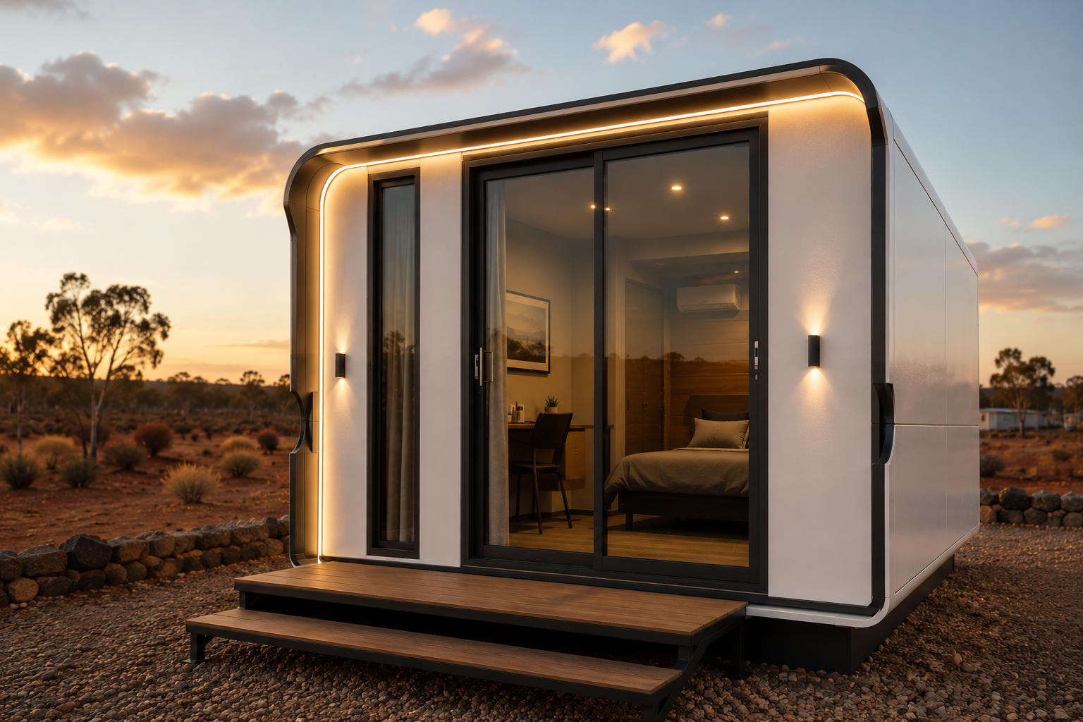 Modern tiny house with large glass sliding doors, exterior lighting, against desert landscape at sunset.