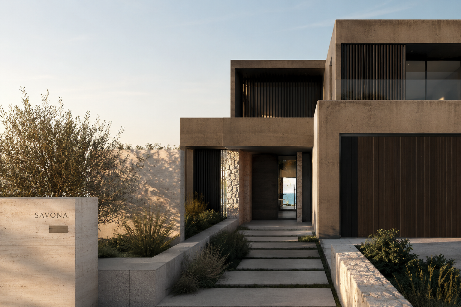 Modern two-story house with concrete and wooden exterior, featuring large windows, stairs leading to the entrance, and a plant-filled landscape, with the word "SAVONA" on a concrete sign.