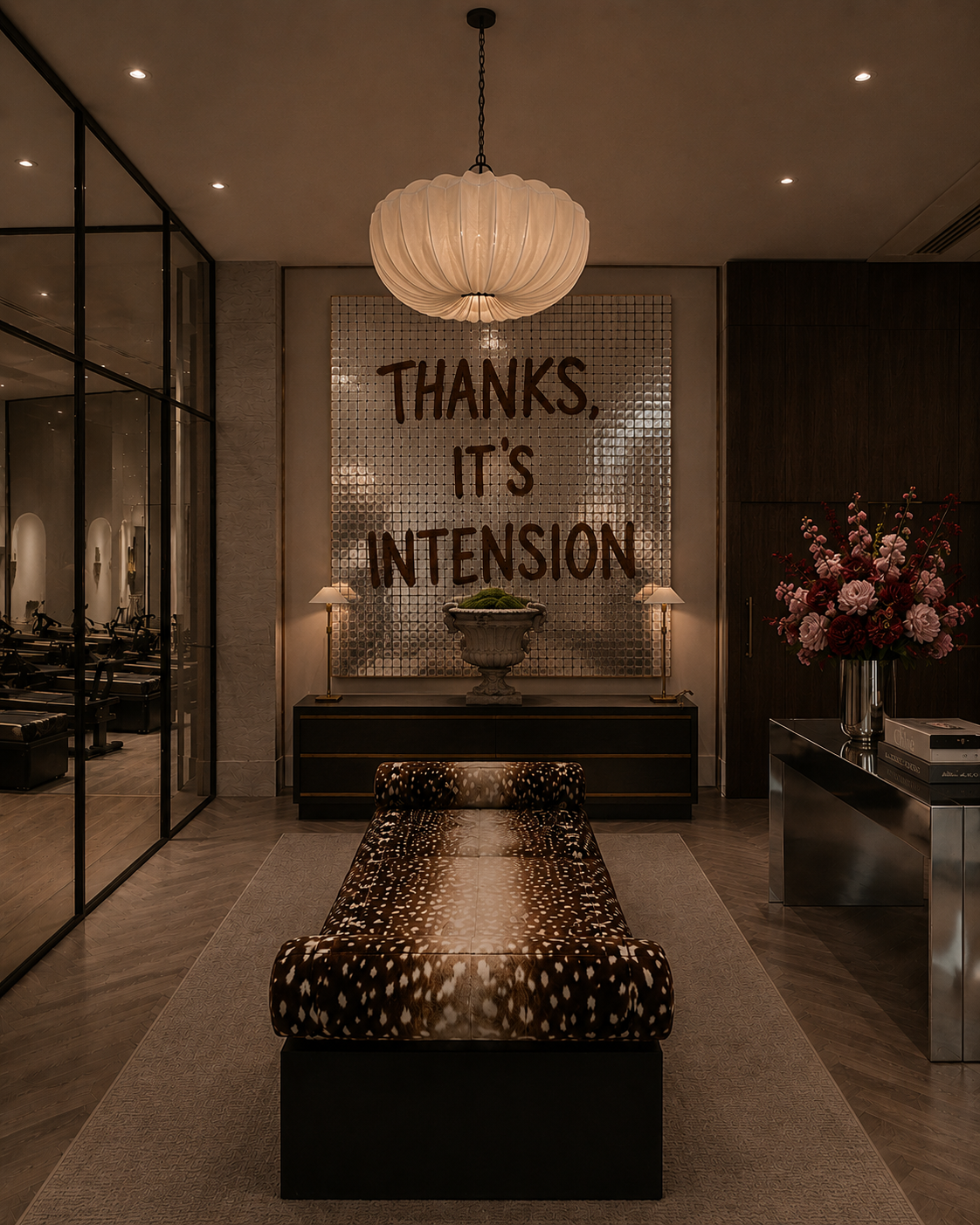 Elegant lobby with a large sign that reads 'Thanks, it's Intension', a bench with animal print fabric, a flower arrangement, and warm lighting.