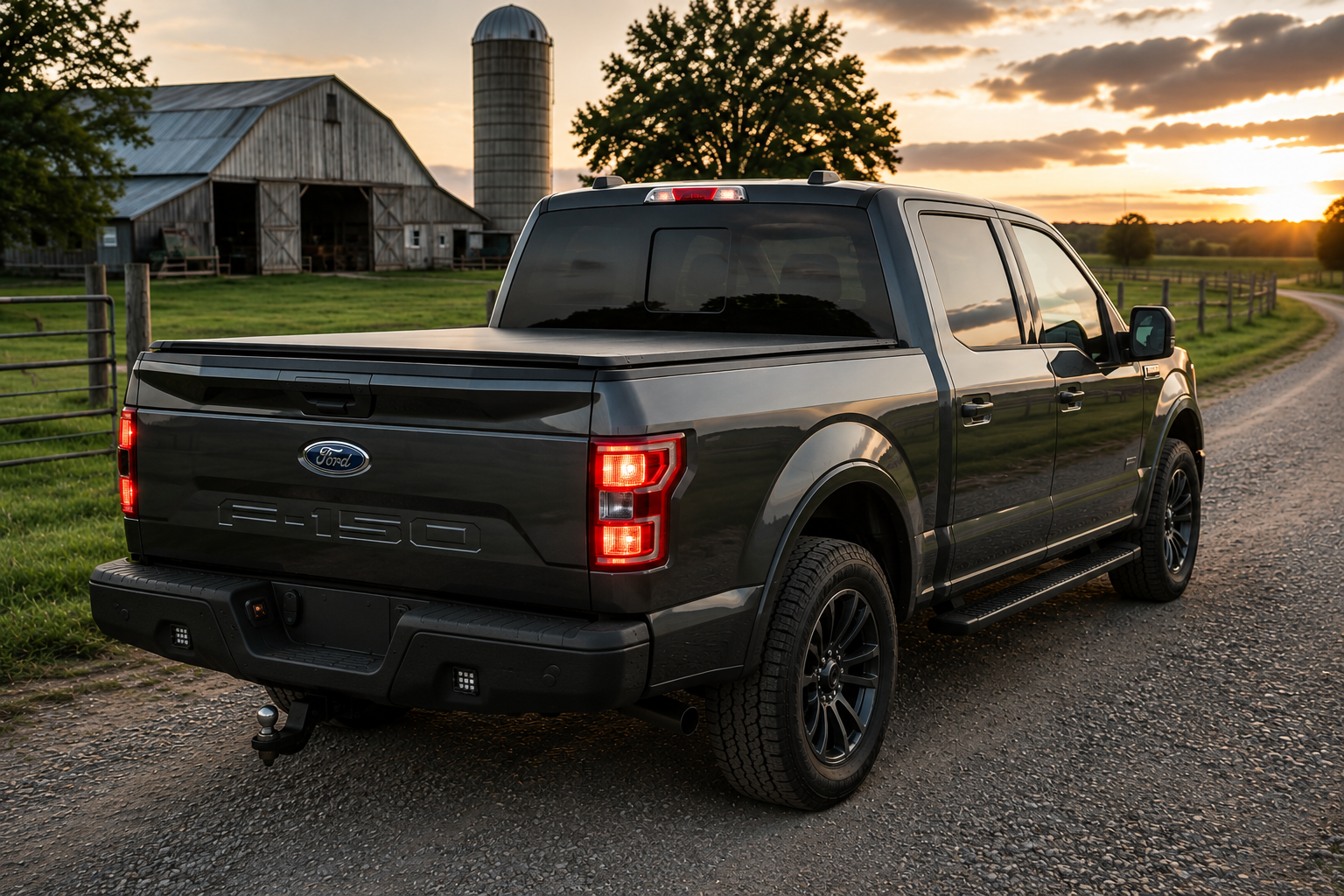 A black Ford F-150 pickup truck parked on a gravel road on a farm at sunset, with a barn, silo, and green fields in the background.