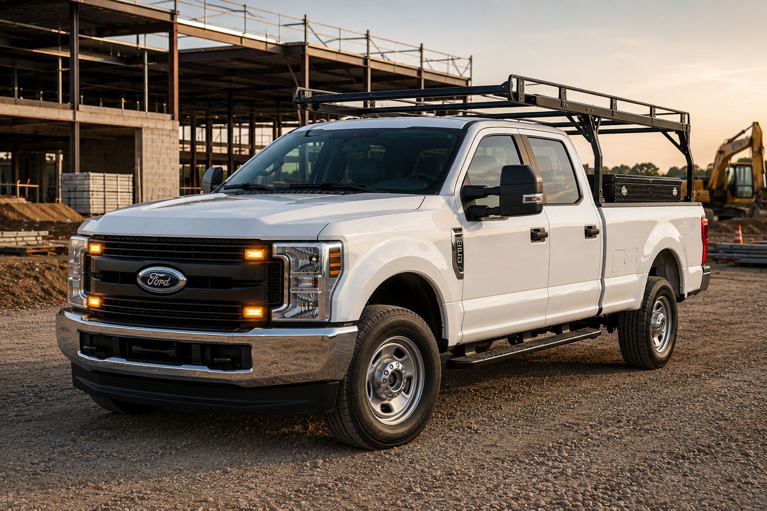 White Ford pickup truck with construction tools and equipment on a construction site during sunset.