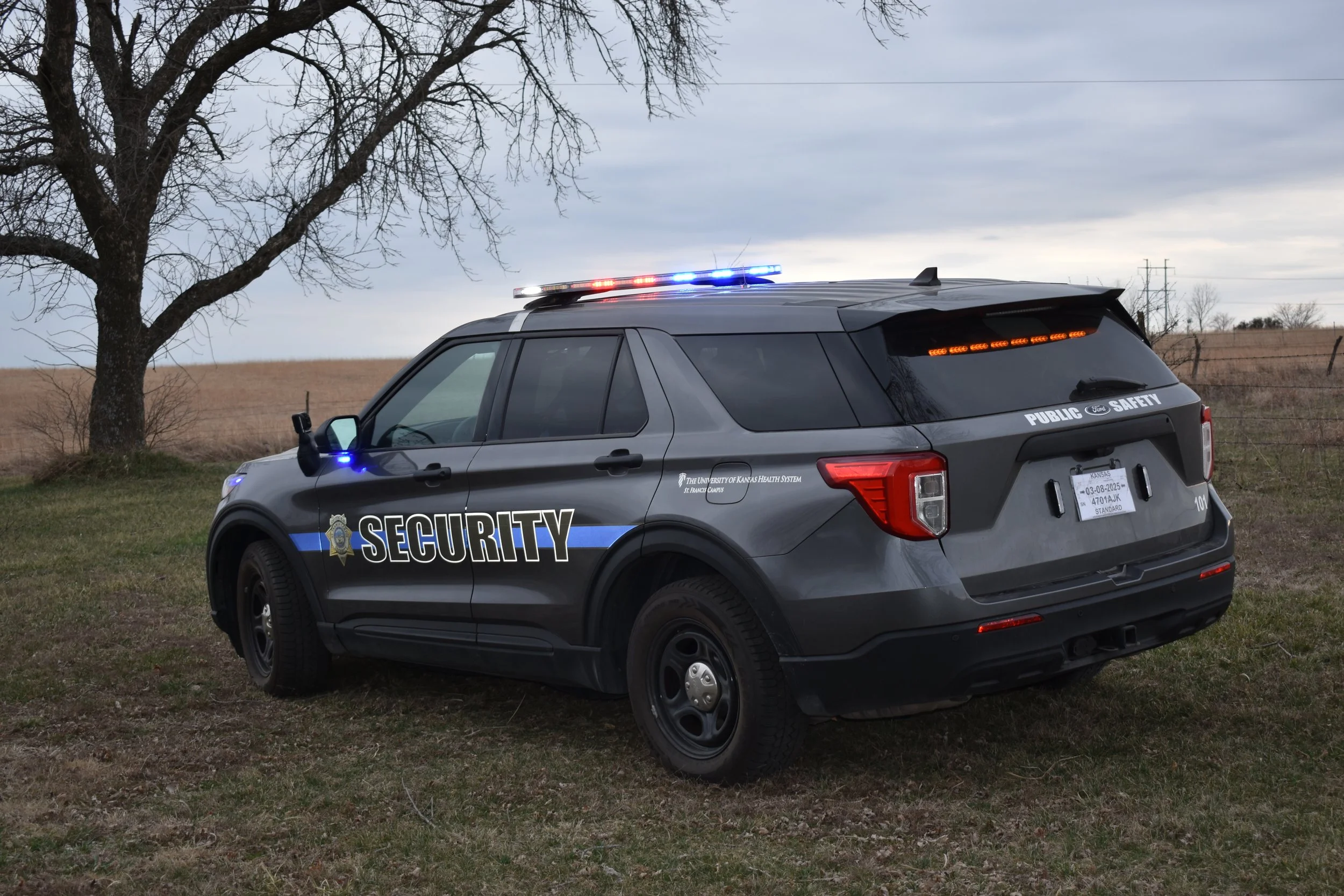 A gray security SUV with blue and red emergency lights parked outdoors near a tree and open field on a cloudy day.