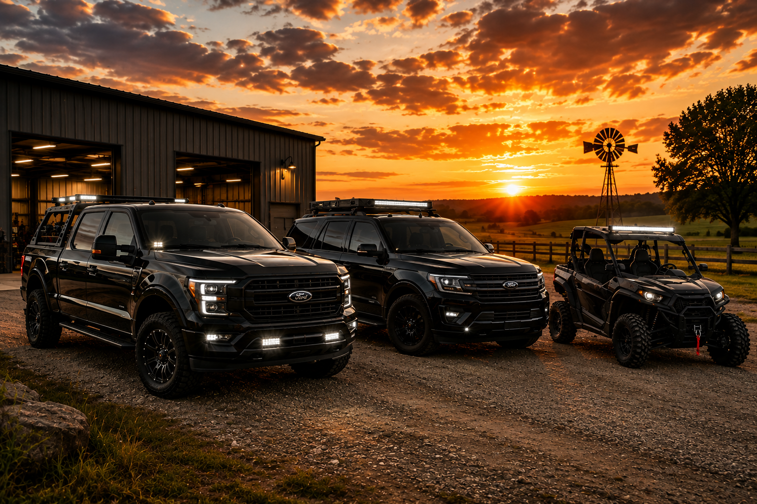 Three black off-road vehicles parked outside a barn at sunset, with a windmill and open field in the background.