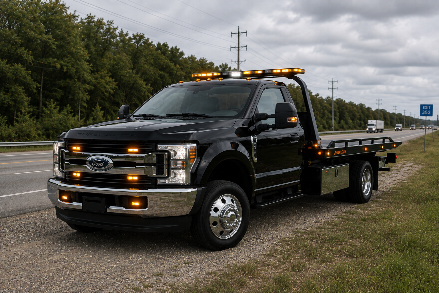 Black Ford tow truck with amber warning lights parked by the side of a highway during cloudy weather.