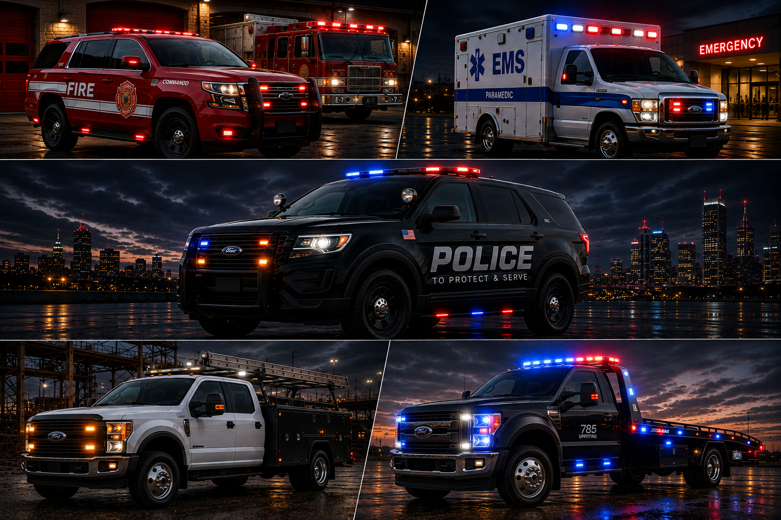 Nighttime collage of emergency vehicles including fire trucks, ambulances, police SUVs, and tow trucks with flashing lights, in an urban setting with a city skyline and an emergency entrance.