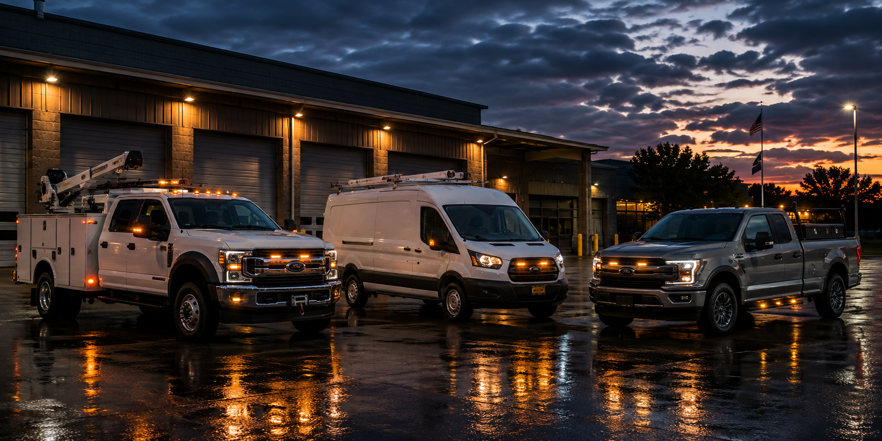 Three utility trucks parked outside a building at sunset, with wet pavement reflecting their lights.