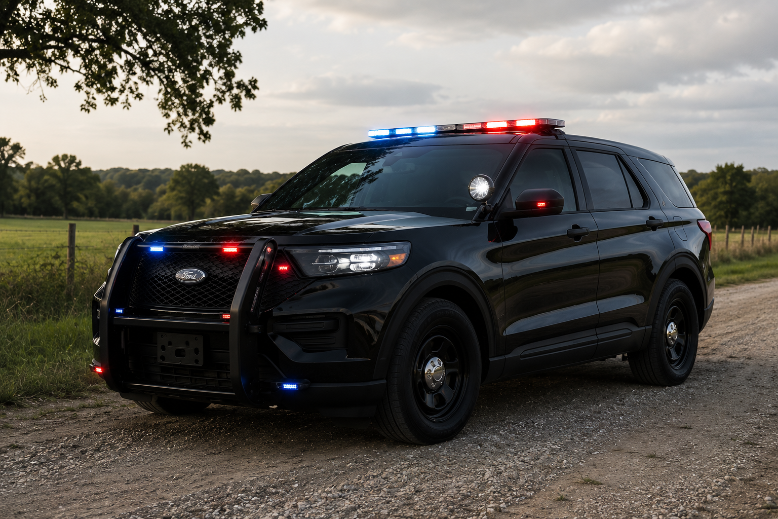Black Ford police SUV with red and blue emergency lights on a rural dirt road during daytime.