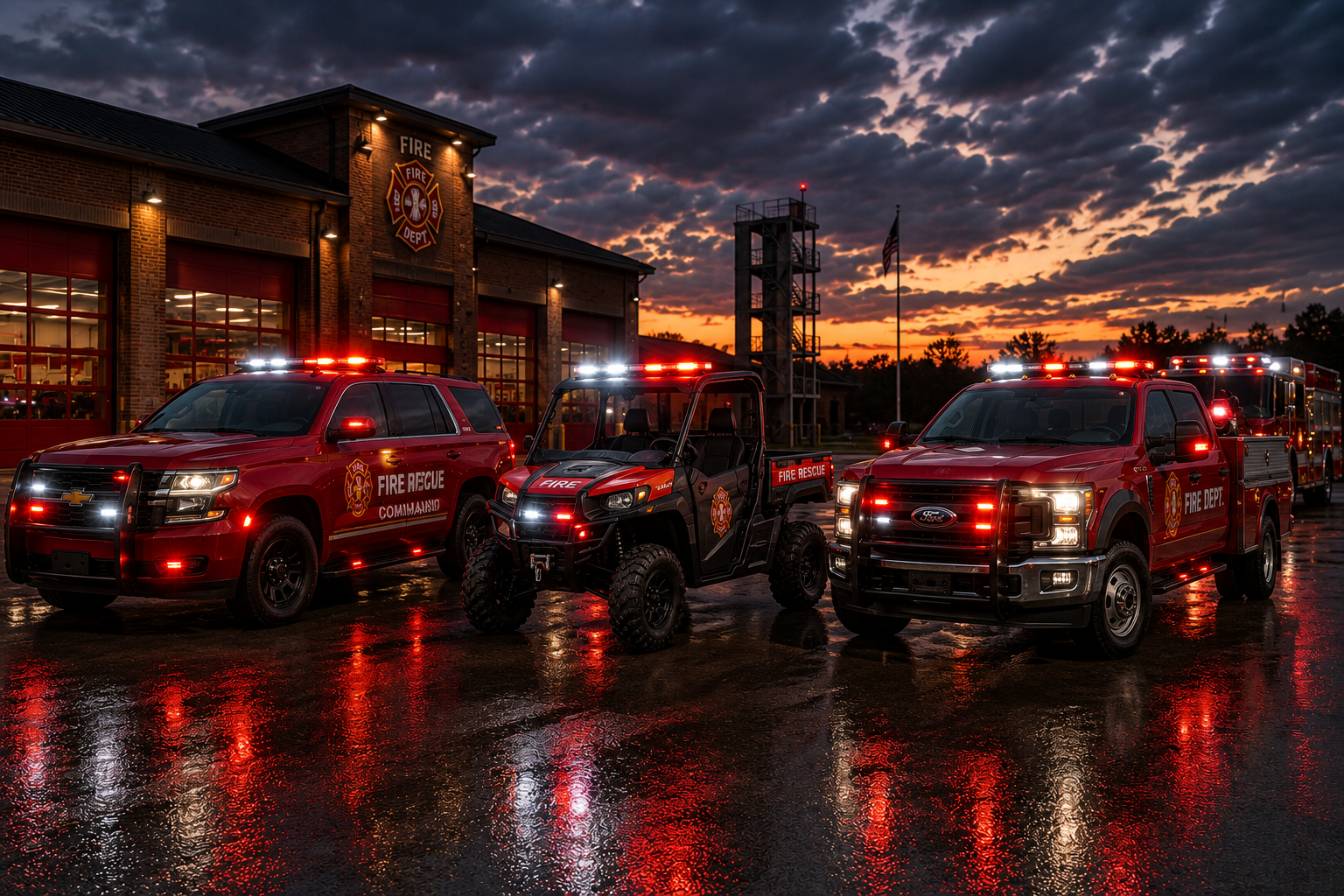 Emergency vehicles including fire trucks, a rescue ATV, and an SUV parked outside a fire department station during sunset, with reflections on wet pavement.