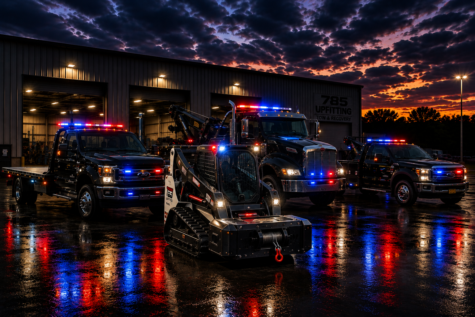 A fleet of emergency response vehicles, including tow trucks and a skid-steer loader, parked outside a garage at sunset with reflections on wet pavement.