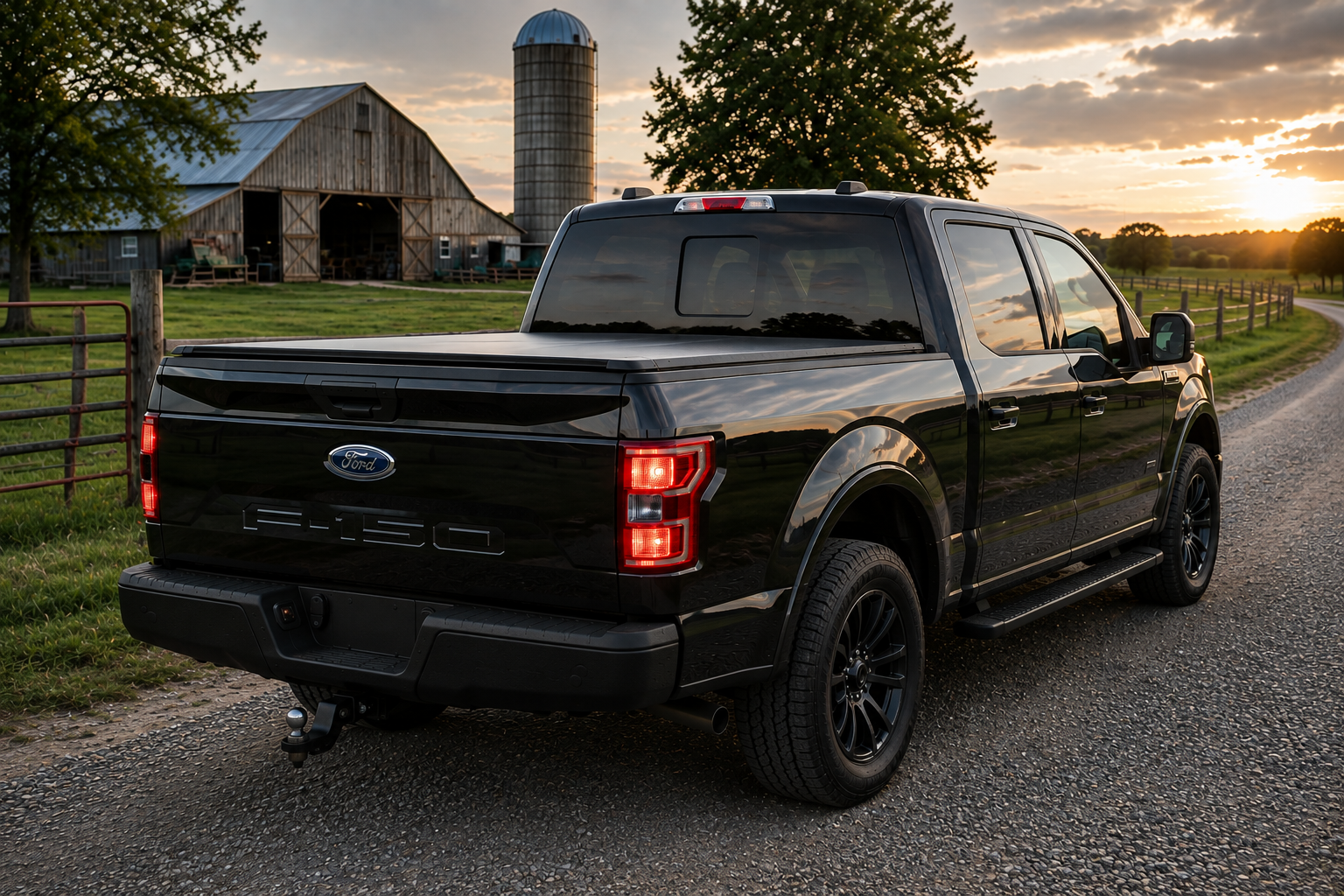 A black Ford F-150 Lobo pickup truck parked on a gravel road near a farm during sunset.