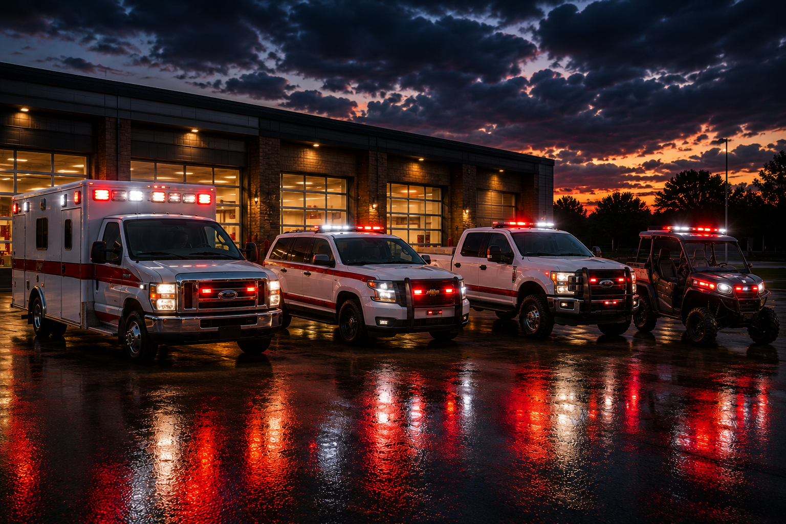 Four emergency vehicles, including an ambulance and three fire trucks, parked outside a station at sunset with their lights flashing, and their reflections visible on the wet pavement.