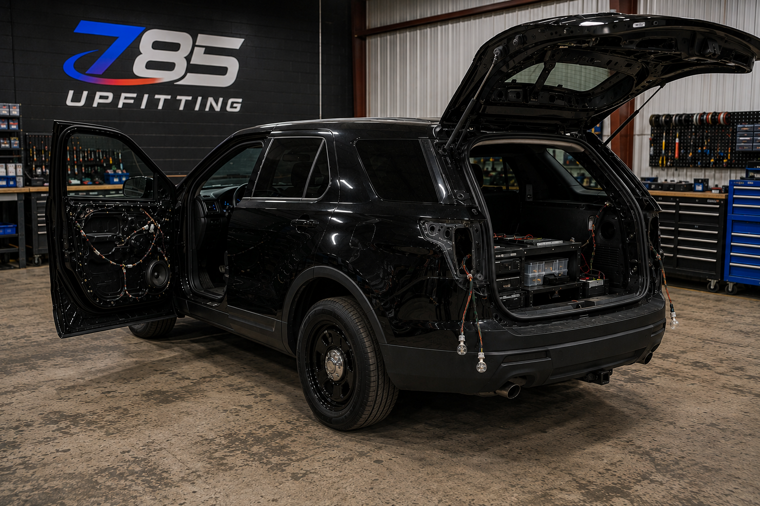 A black electric vehicle in a workshop with the trunk open and the front door open, revealing exposed wires and components. The workshop has a large sign on the wall that reads '785 UPFITTING'.