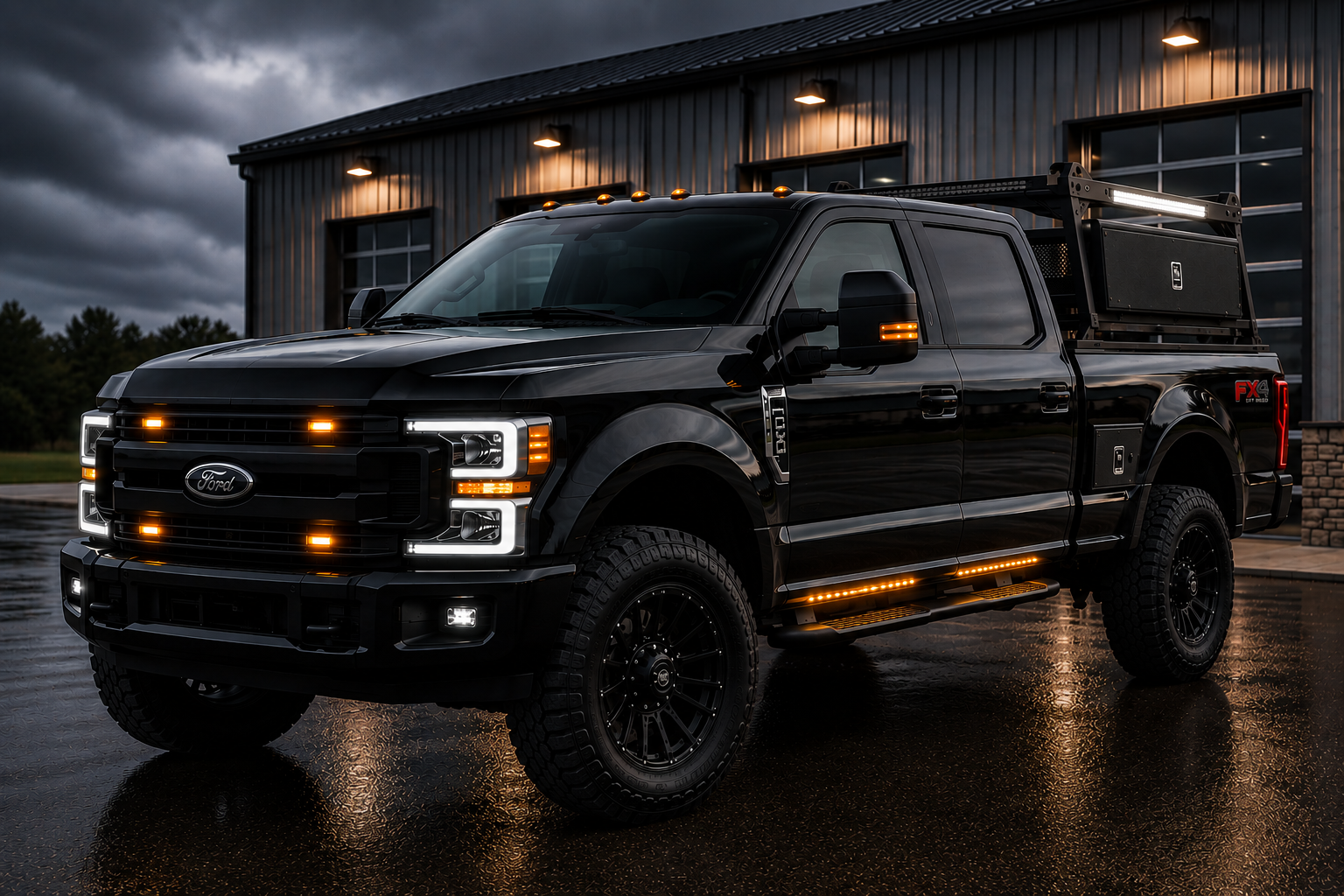 Black Ford pickup truck with lights on, parked outside a building with metal siding during cloudy weather.