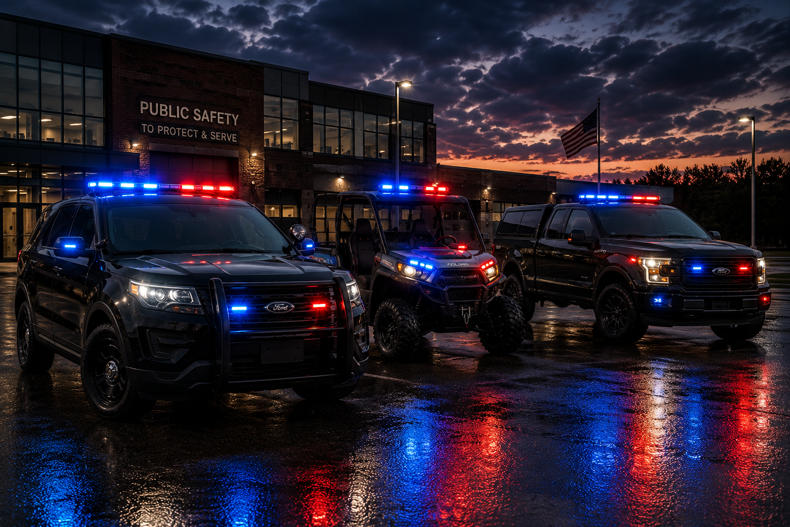 Three police vehicles with flashing blue and red emergency lights parked in front of a police station with a sign that says 'Public Safety to Protect & Serve' during sunset, with wet pavement reflecting the lights.