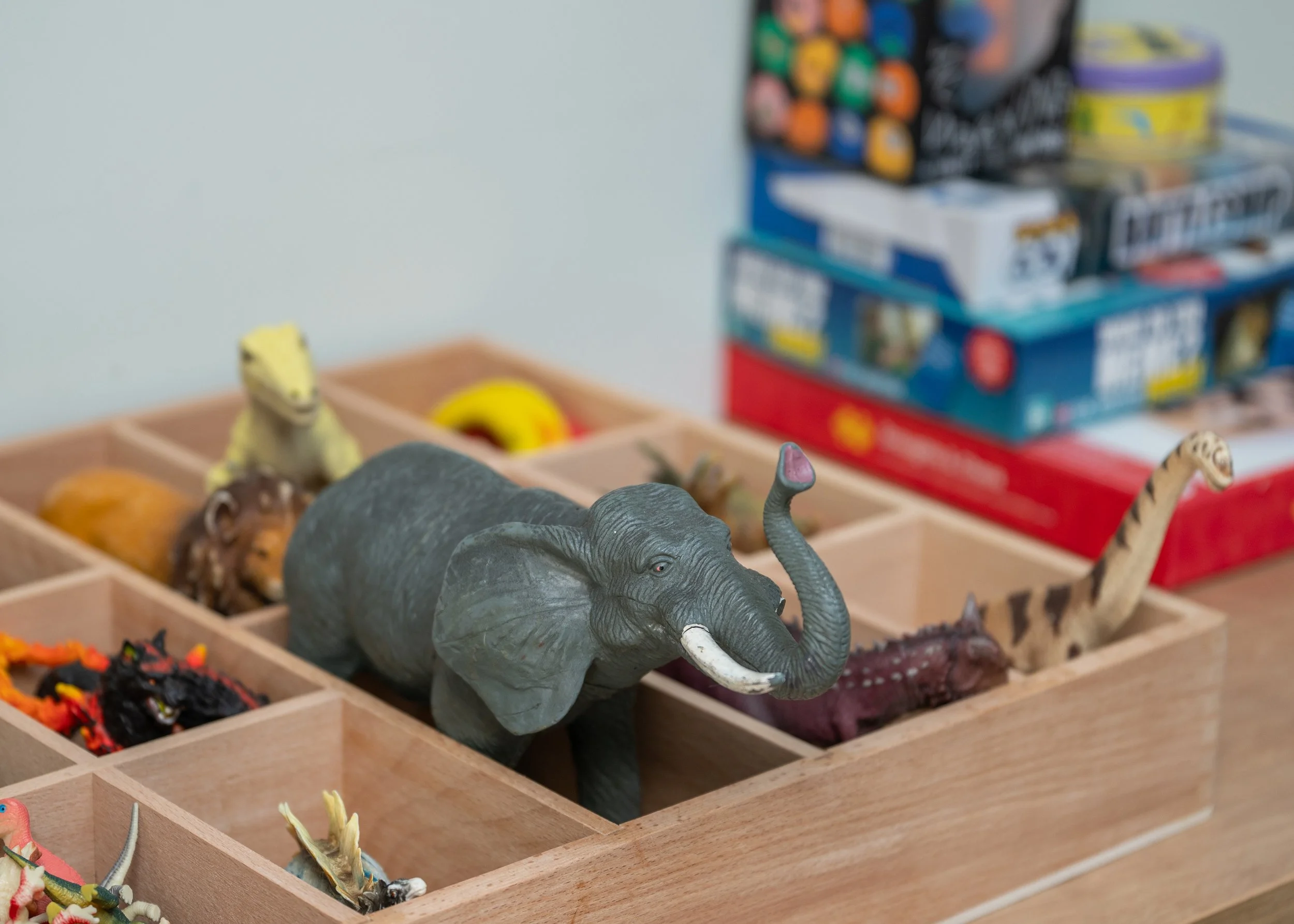 A toy elephant figure in a wooden compartmentalised box, with several other toy animals and objects around.