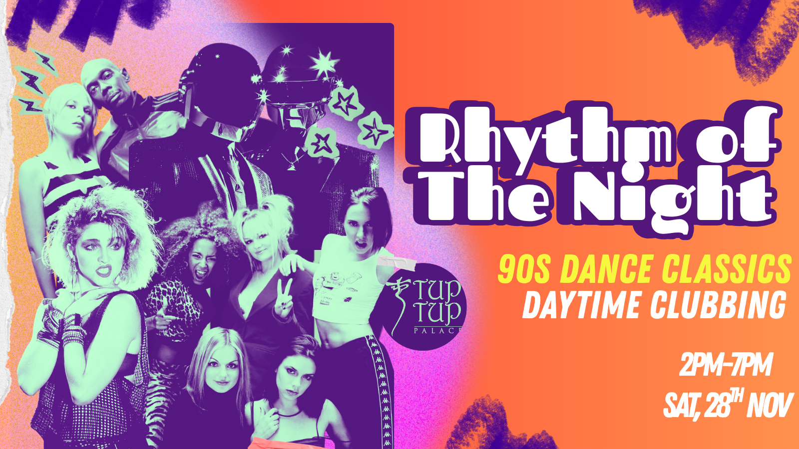 A group of people dressed in 80s style clothing and hairstyles, some with space helmets, black and white striped shirts, and leopard print, posing for a photo on the left side of an event poster. The right side features colorful, bold text advertising a nightclub event called 'Rhythm of the Night' with 90s dance classics and daytime clubbing, scheduled for Saturday, November 28th from 2 PM to 7 PM at TUP TUP PALACE.