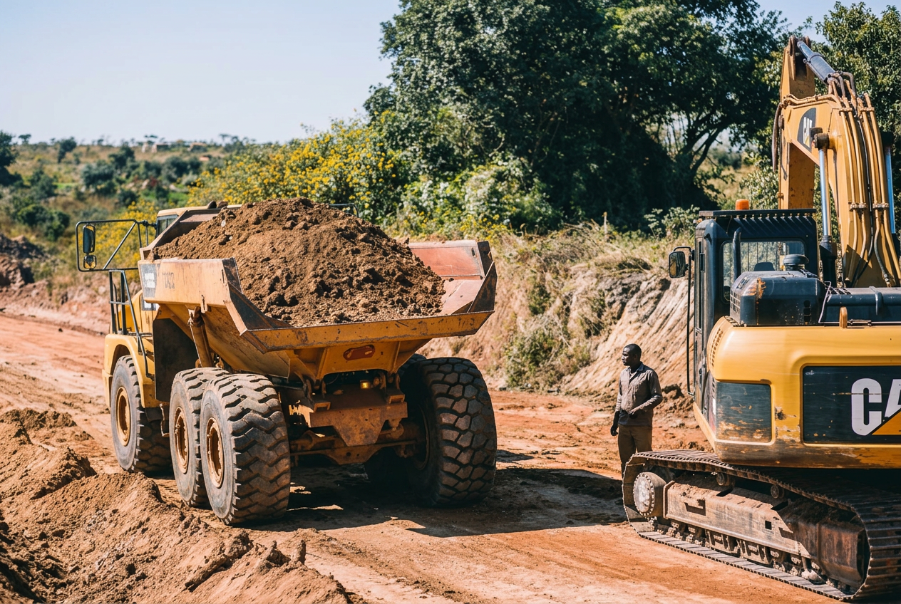Construction site with a large dump truck filled with dirt and a nearby excavator, with a person standing on the dirt path surrounded by trees and foliage.