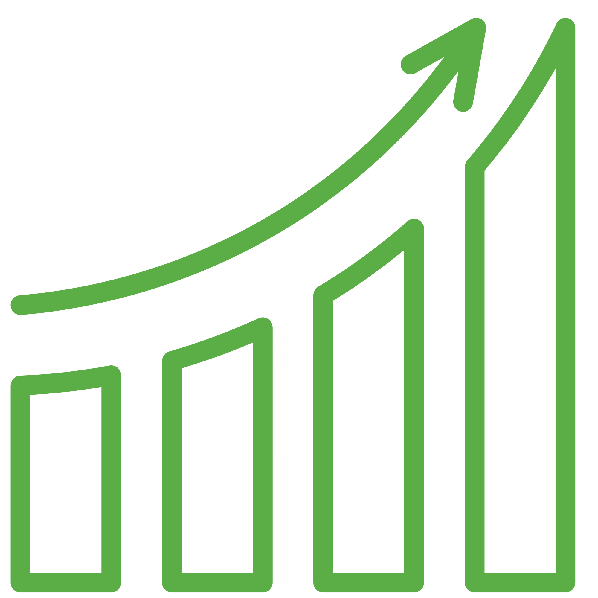 A green upward trending financial or growth chart with bar graph and arrow.