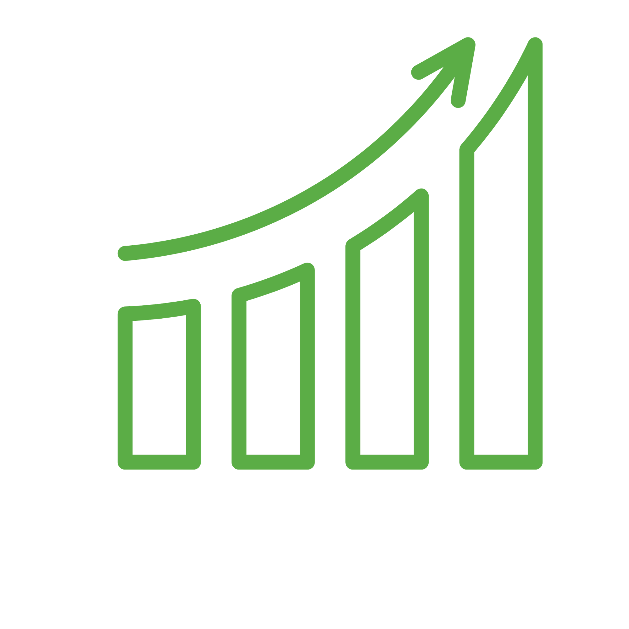 Green rising arrow over a bar graph indicating growth or increase